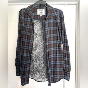 PINK Victoria’s Secret Lace Back Flannel Button Down Shirt